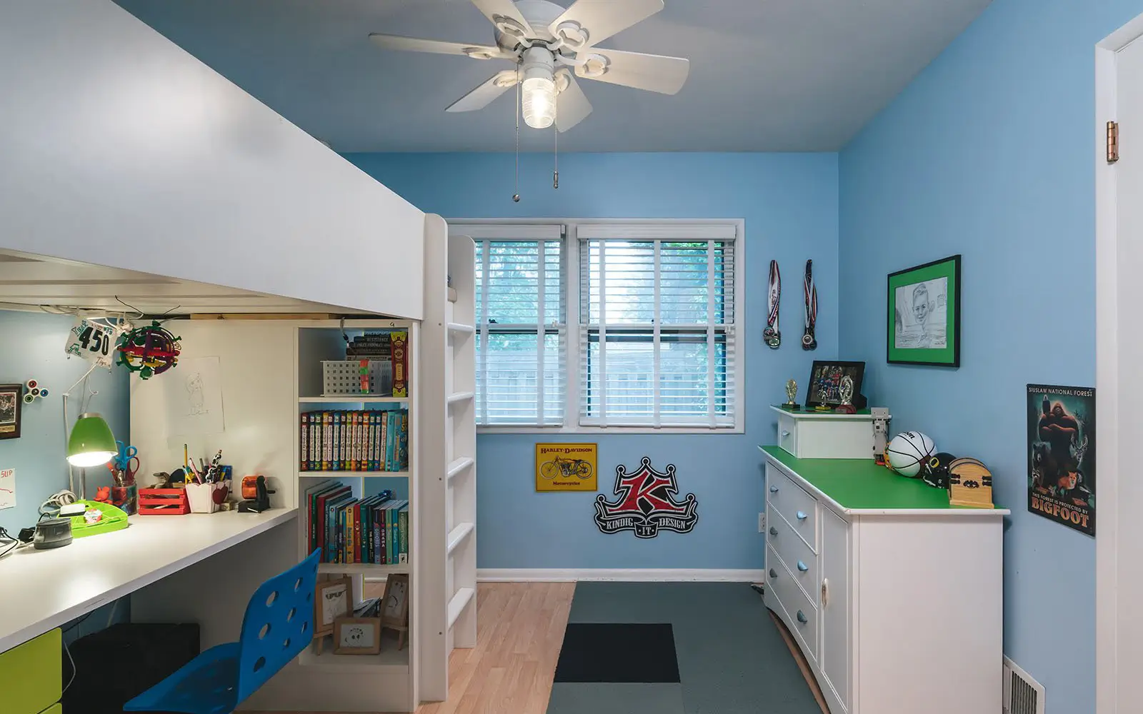 Hemlock study before: a child's blue bunk-and-desk room